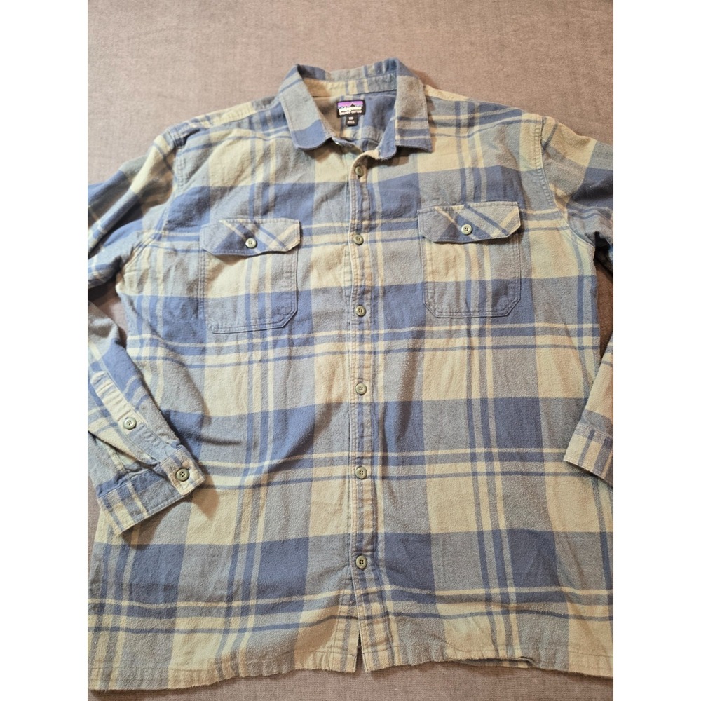 Patagonia Organic Cotton Flannel Shirt Mens XXL Blue Tan Plaid Button Up Outdoor